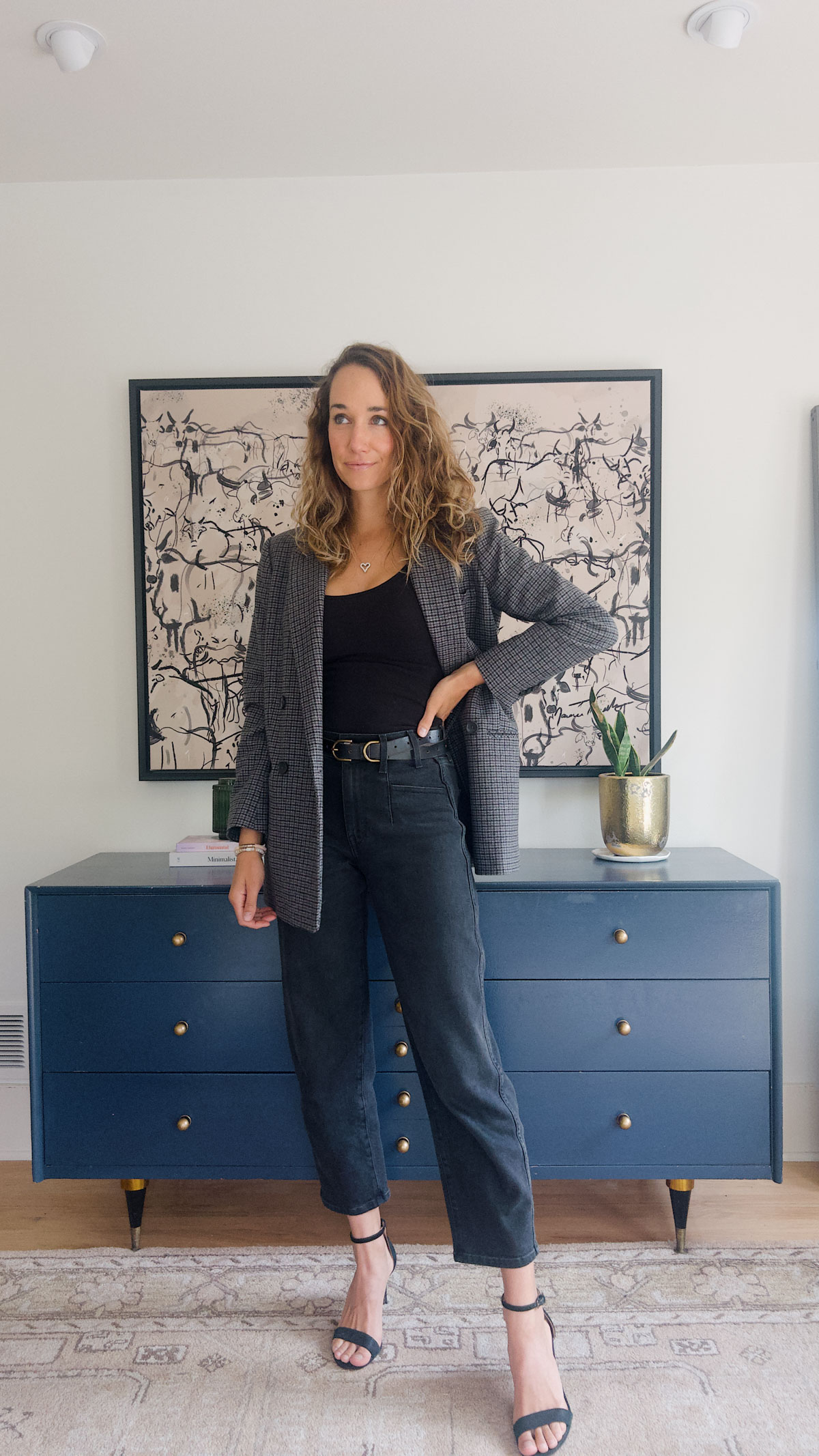 Polished Comfort: Black Jeans with Plaid Blazer and Sandals Polished Comfort: Black Jeans with Plaid Blazer and Sandals — Black Jeans Outfits 2027