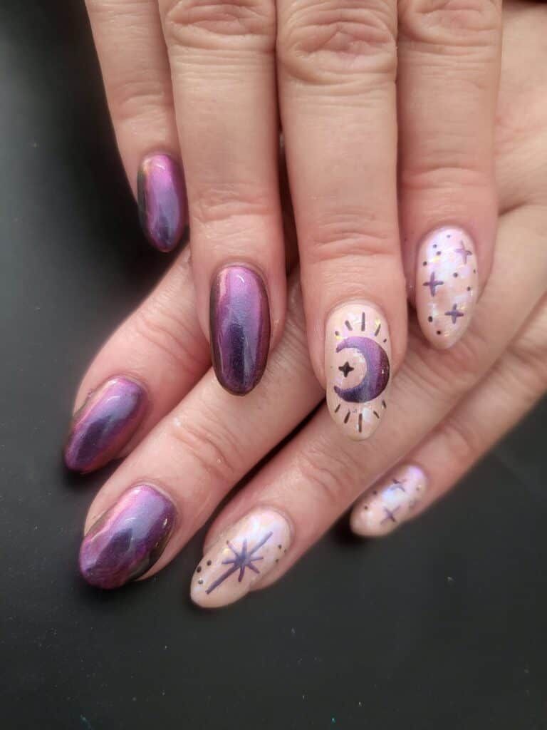 Iridescent Purple with Hand-Painted Celestial — Moon and Stars Nails 2027