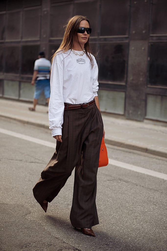 Pinstripe Wide-Leg Trousers with a Pop of Orange Pinstripe Wide-Leg Trousers with a Pop of Orange — Brown Outfits 2027