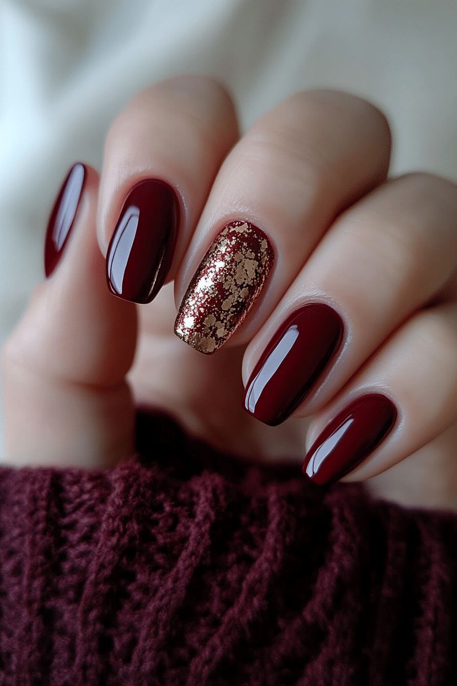 Gold Foil Accents On One Accent Nail Glossy Burgundy With Gold Foil — Burgundy Nails 2027