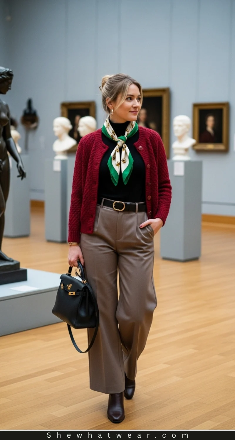 Textured Cardigan and Wide-Leg Trousers for Cultured Comfort Textured Cardigan and Wide-Leg Trousers for Cultured Comfort — Museum Outfits 2027