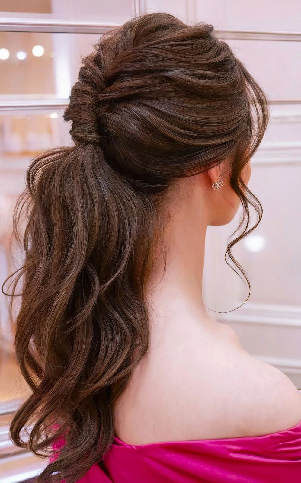 Dark Brown Low Ponytail With Voluminous Curls — Bridesmaid Ponytail Hairstyles 2027