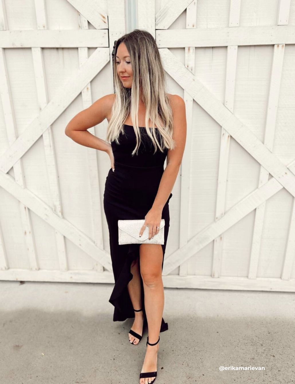 Black Bodycon Midi with Thigh Slit and Metallic Clutch Black Bodycon Midi with Thigh Slit and Metallic Clutch — Wedding Guest Outfits Barn 2027