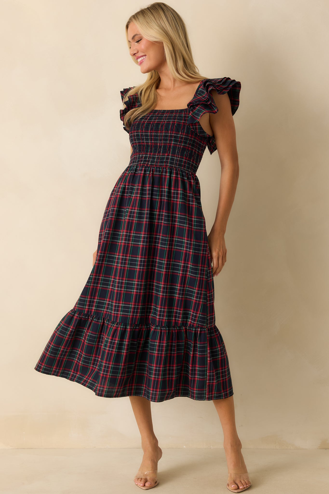 Festive Plaid Midi Dress with Smocked Bodice — Plaid Christmas Outfits 2026