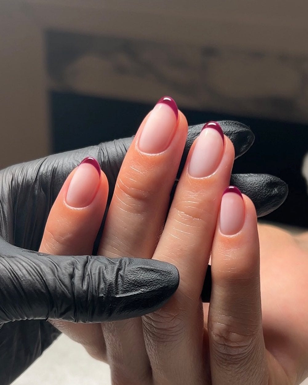 Nude Base Deep Red Tips Visual Idea Nude Base Deep Red Tips Visual Idea — Short Micro French Tip Nails 2027