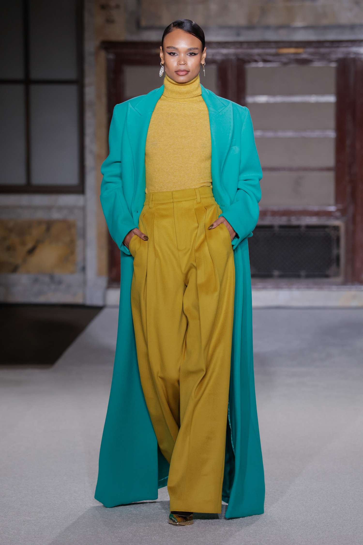 Bold Color Blocking with a Teal Coat and Mustard Trousers Bold Color Blocking with a Teal Coat and Mustard Trousers — Winter Outfits 2027 for Work