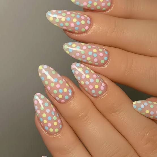 Long Stiletto Pastel Rainbow Dots Long Stiletto Pastel Rainbow Dots — Polka Dot Nails 2027