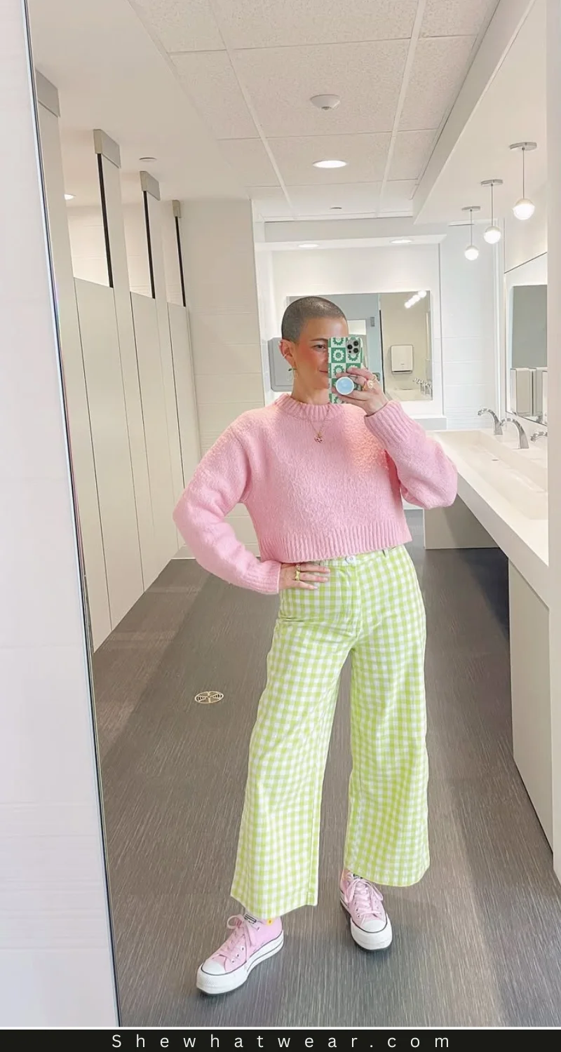 Playful Pink Fuzzy Sweater and Gingham Pants Combo Playful Pink Fuzzy Sweater and Gingham Pants Combo — Casual Outfits 2027