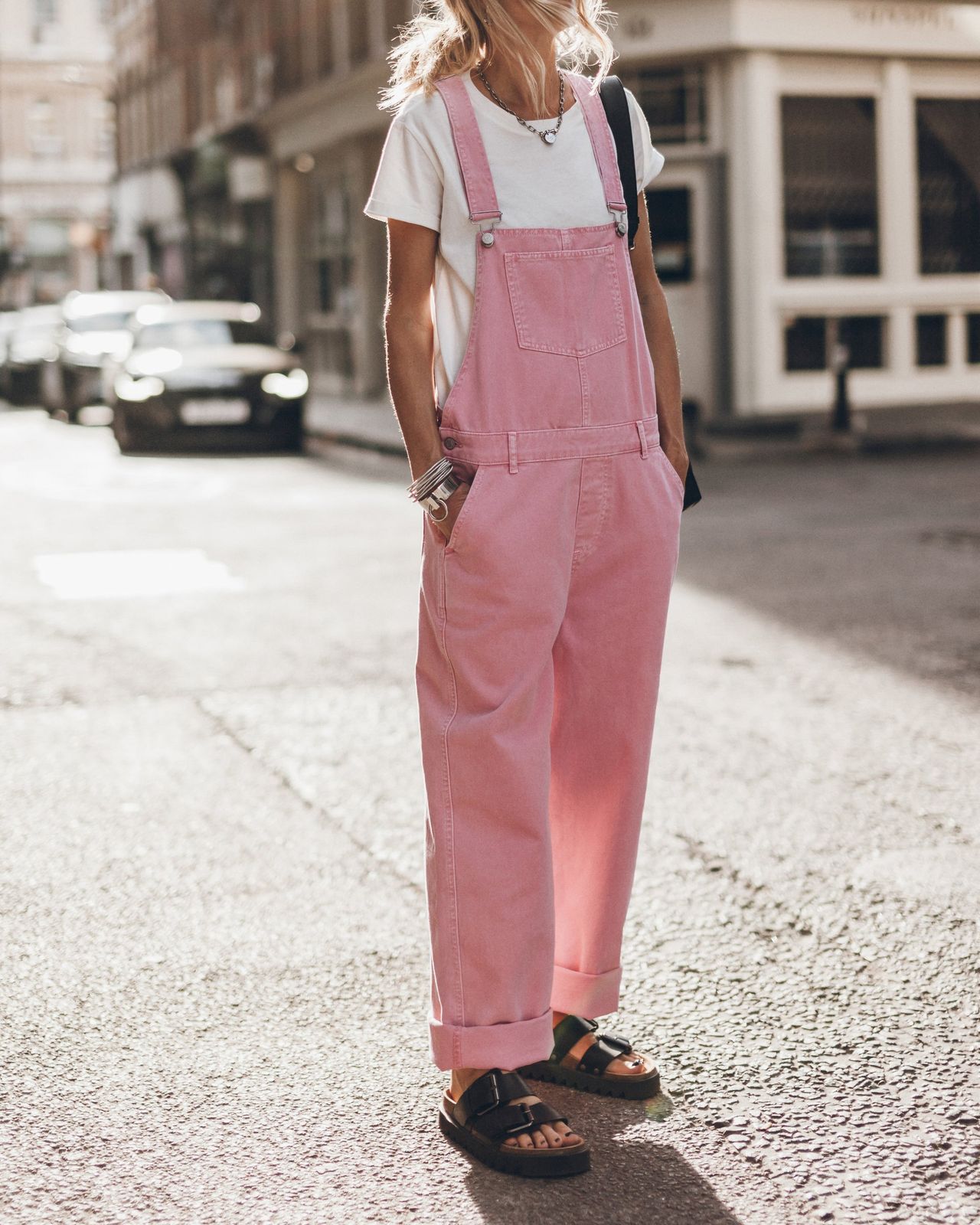 Bright Pink Relaxed-Fit Overalls with a White T-Shirt and Chunky Sandals Bright Pink Relaxed-Fit Overalls with a White T-Shirt and Chunky Sandals — Overalls 2027