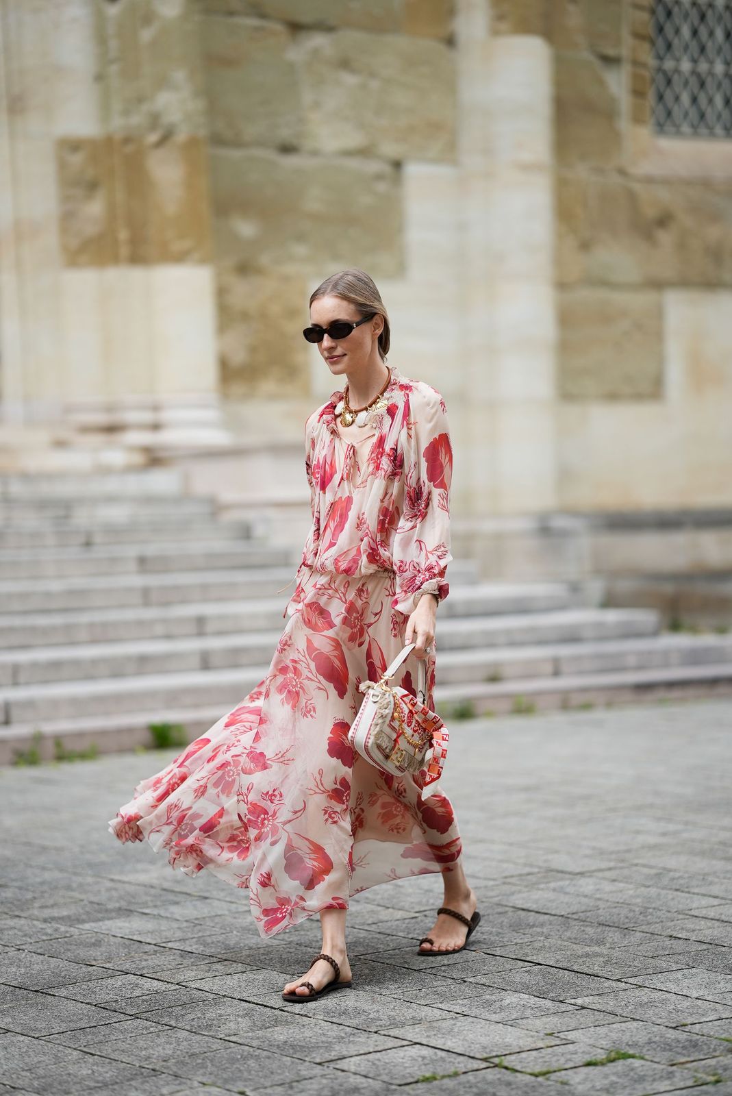 Flowy Cream Maxi Dress with Bold Red and Pink Floral Print Flowy Cream Maxi Dress with Bold Red and Pink Floral Print — Bridal Shower Dress 2027 for Guest