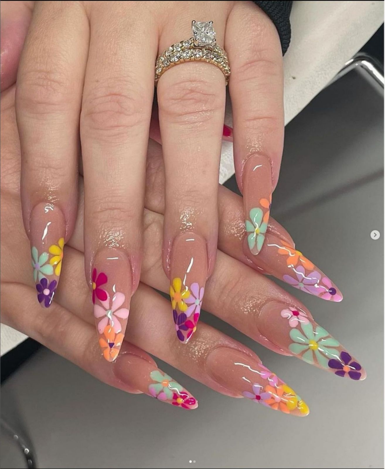 Sheer Nude Multi-Color Floral Decal Stilettos Sheer Nude Multi-Color Floral Decal Stilettos — Floral Stiletto Nails 2027