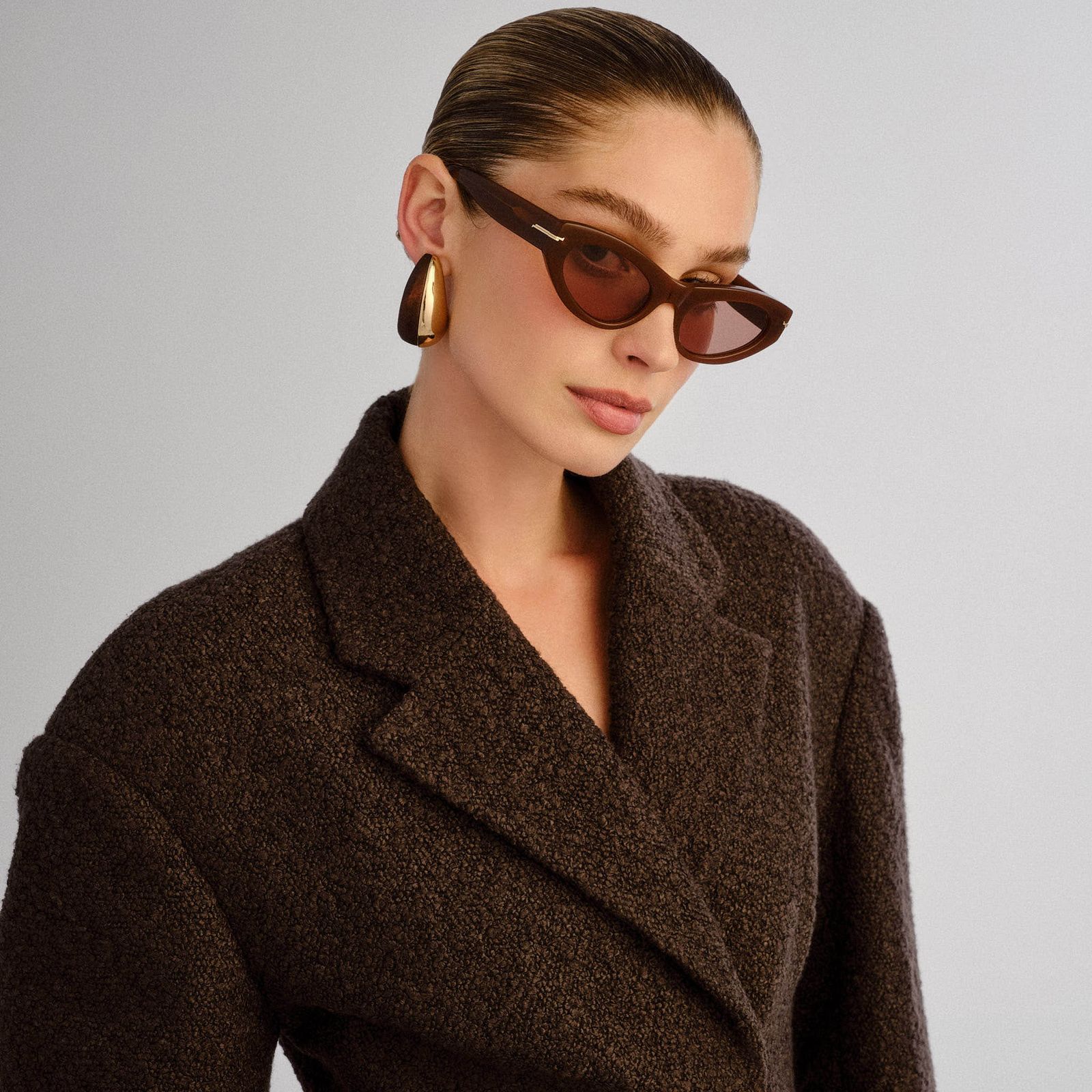 Angular Brown Cat Eyes Elevate Textured Blazer — Cat Eye Sunglasses Outfits 2027
