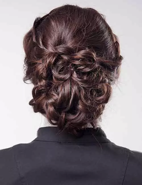 Dark Brown With Subtle Highlights Dark Brown Bob Intricate Twisted Updo Dark Brown With Subtle Highlights Dark Brown Bob Intricate Twisted Updo — Updos 2027 for Short Hair