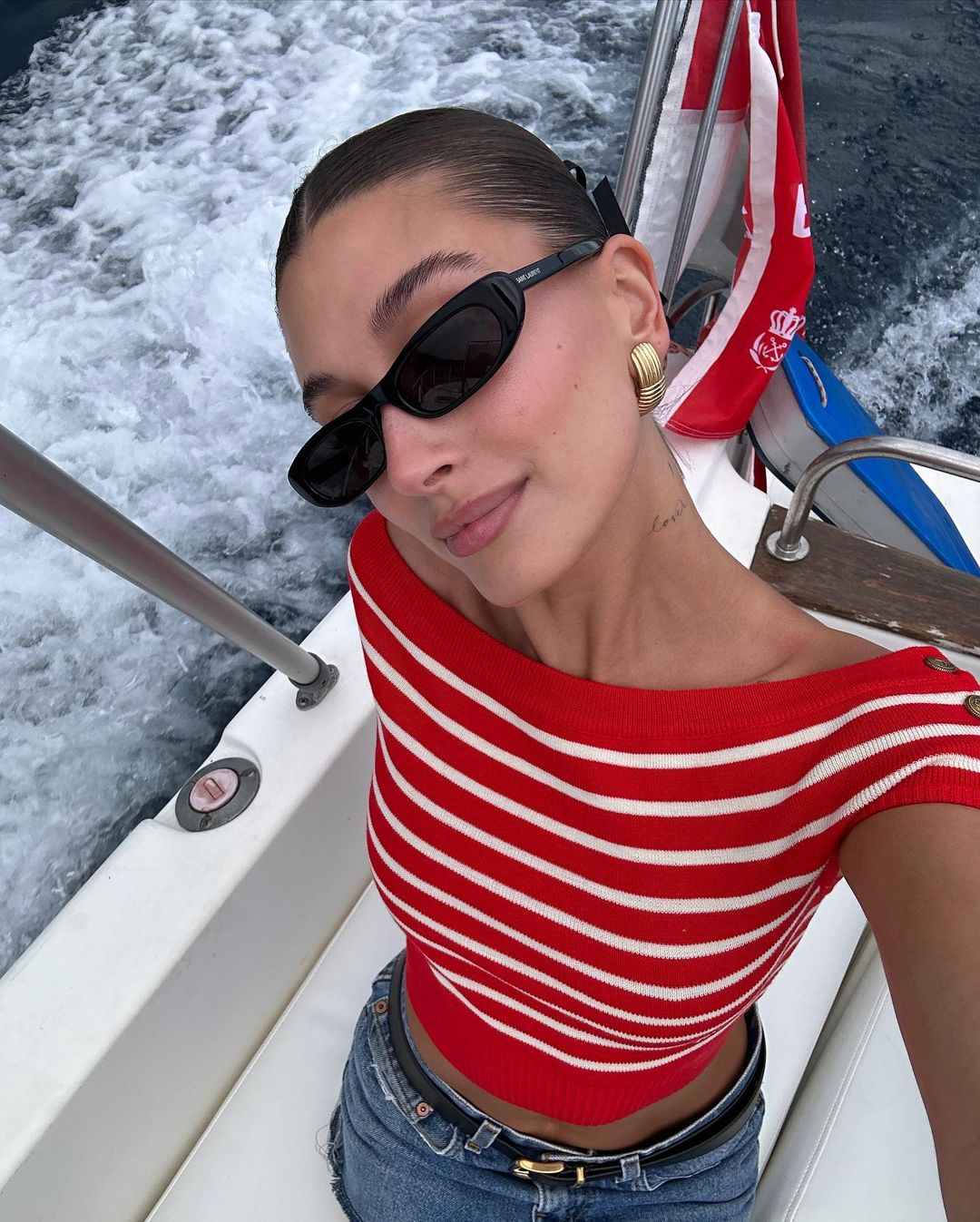 Striped Off-the-Shoulder Top with Denim Skirt Striped Off-the-Shoulder Top with Denim Skirt — Yacht Outfits 2027