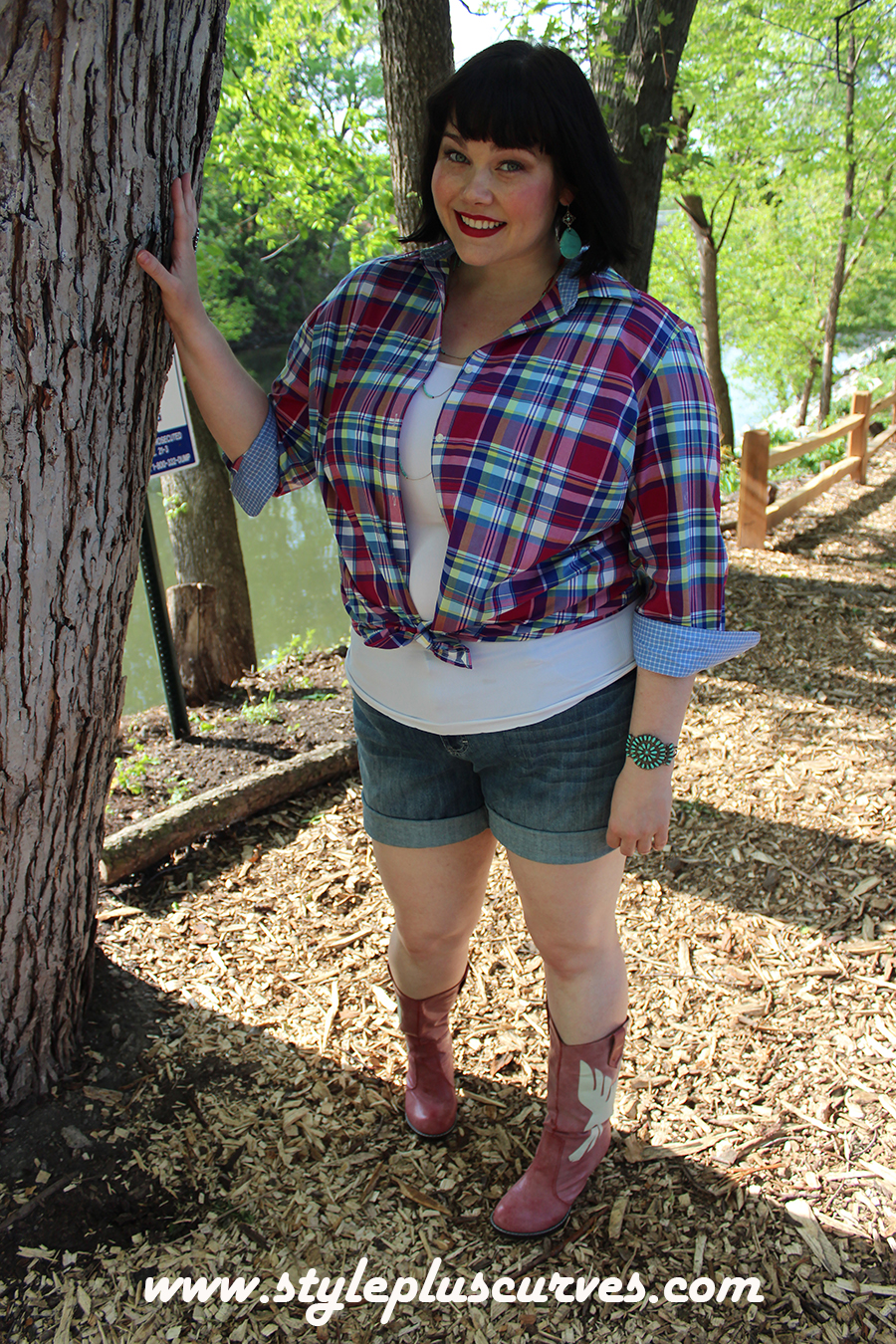 Eclectic Charm: Denim Shorts with Plaid Shirt and Pink Boots Eclectic Charm: Denim Shorts with Plaid Shirt and Pink Boots — Plus Size 4th of July Outfits 2027