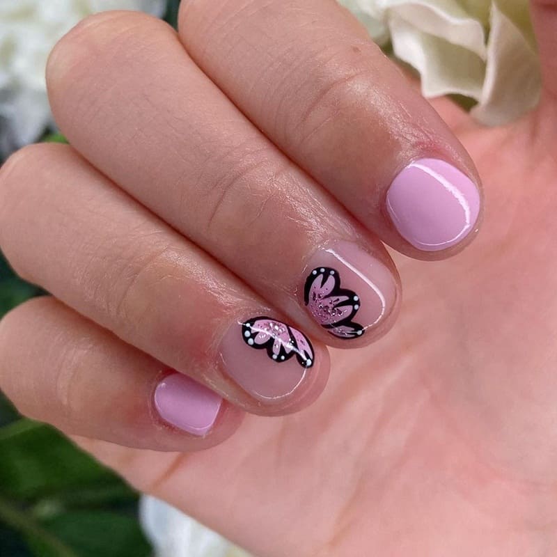 Sheer Nude Pastel Butterfly Accents Sheer Nude Pastel Butterfly Accents — Short Butterfly Round Nails 2027