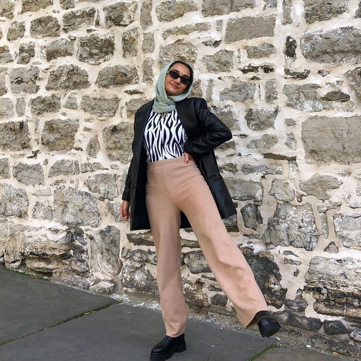Streetwear Edge: Faux Leather Blazer, Zebra Top, and Straight-Leg Pants Streetwear Edge: Faux Leather Blazer, Zebra Top, and Straight-Leg Pants — Modest Outfits 2027