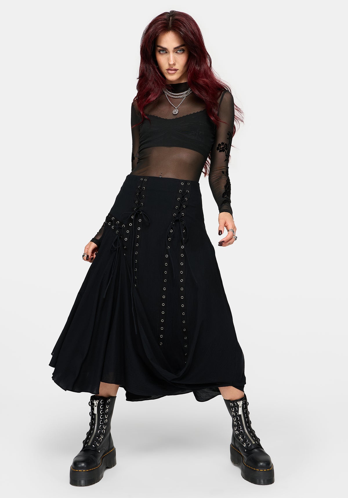 Sheer Long Sleeve Top and Lace Up Maxi Skirt Combination Sheer Long Sleeve Top and Lace Up Maxi Skirt Combination — Dark Romantic Outfits 2027