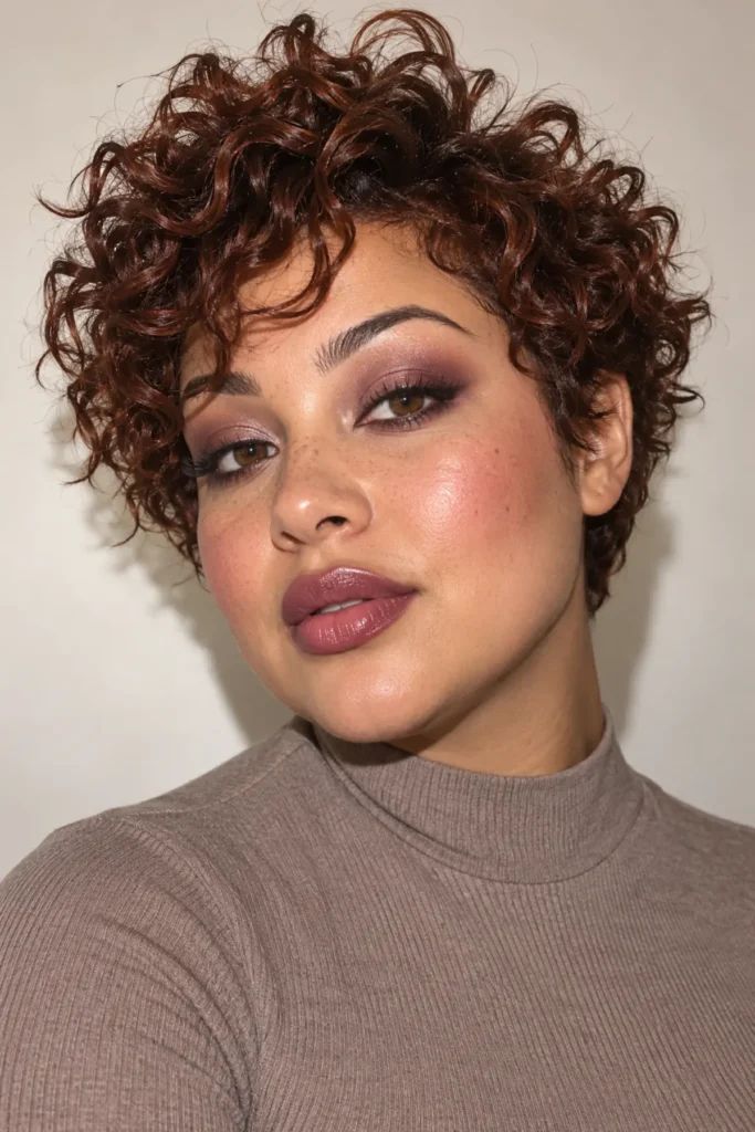 Dark Brown Curly Pixie with Short Fringe Dark Brown Curly Pixie with Short Fringe — Pixie Cut 2027 for Round Face