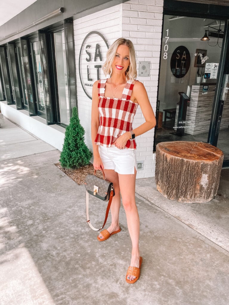 White Denim Shorts with a Gingham Smocked Tank White Denim Shorts with a Gingham Smocked Tank — Jean Shorts Outfits 2027