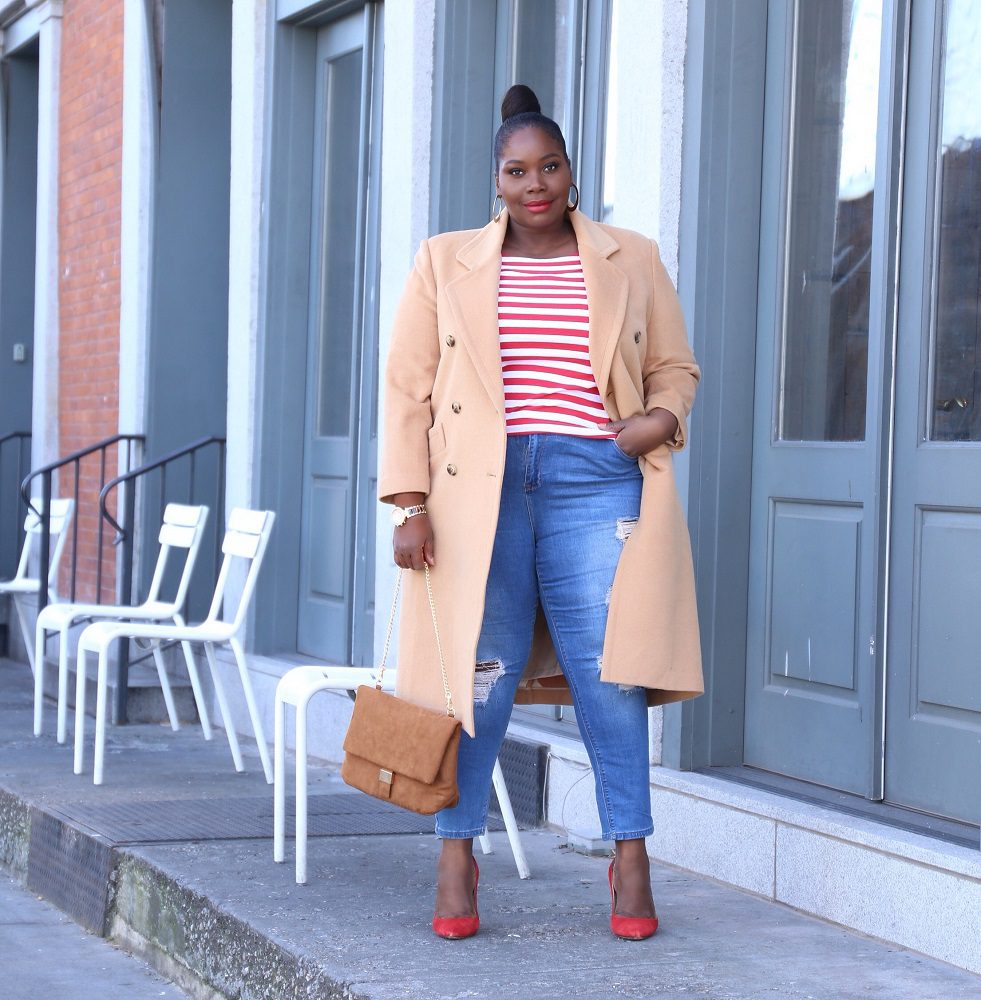 Playful Contrast: Camel Coat with Red Pumps and Ripped Jeans — Camel Coat Outfits 2027