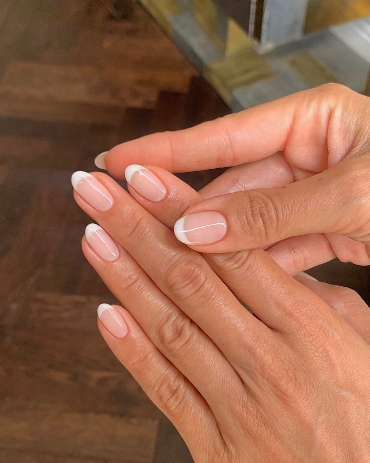 Sheer Nude Opaque White French Almond Sheer Nude Opaque White French Almond — Simple Gymnastics Nails 2027