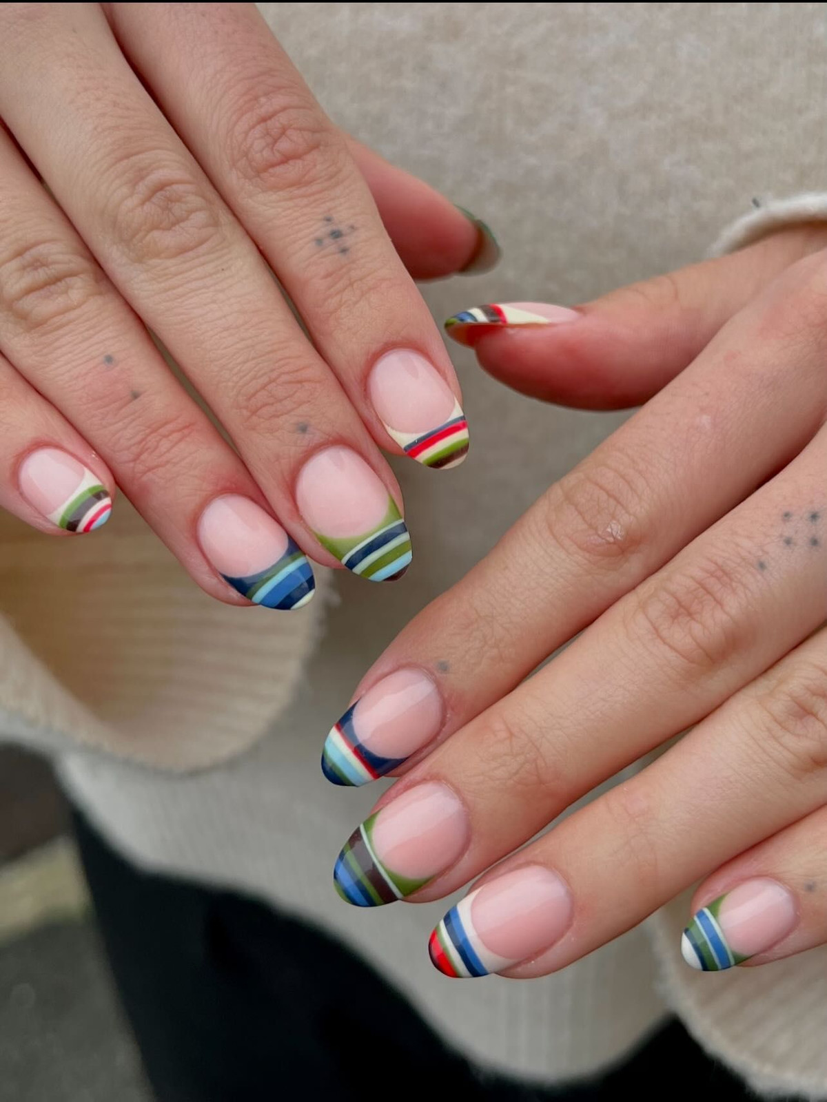 Multi-Color Striped French Short Ovals Multi-Color Striped French Short Ovals — Nails 2027 for Short Nail Beds
