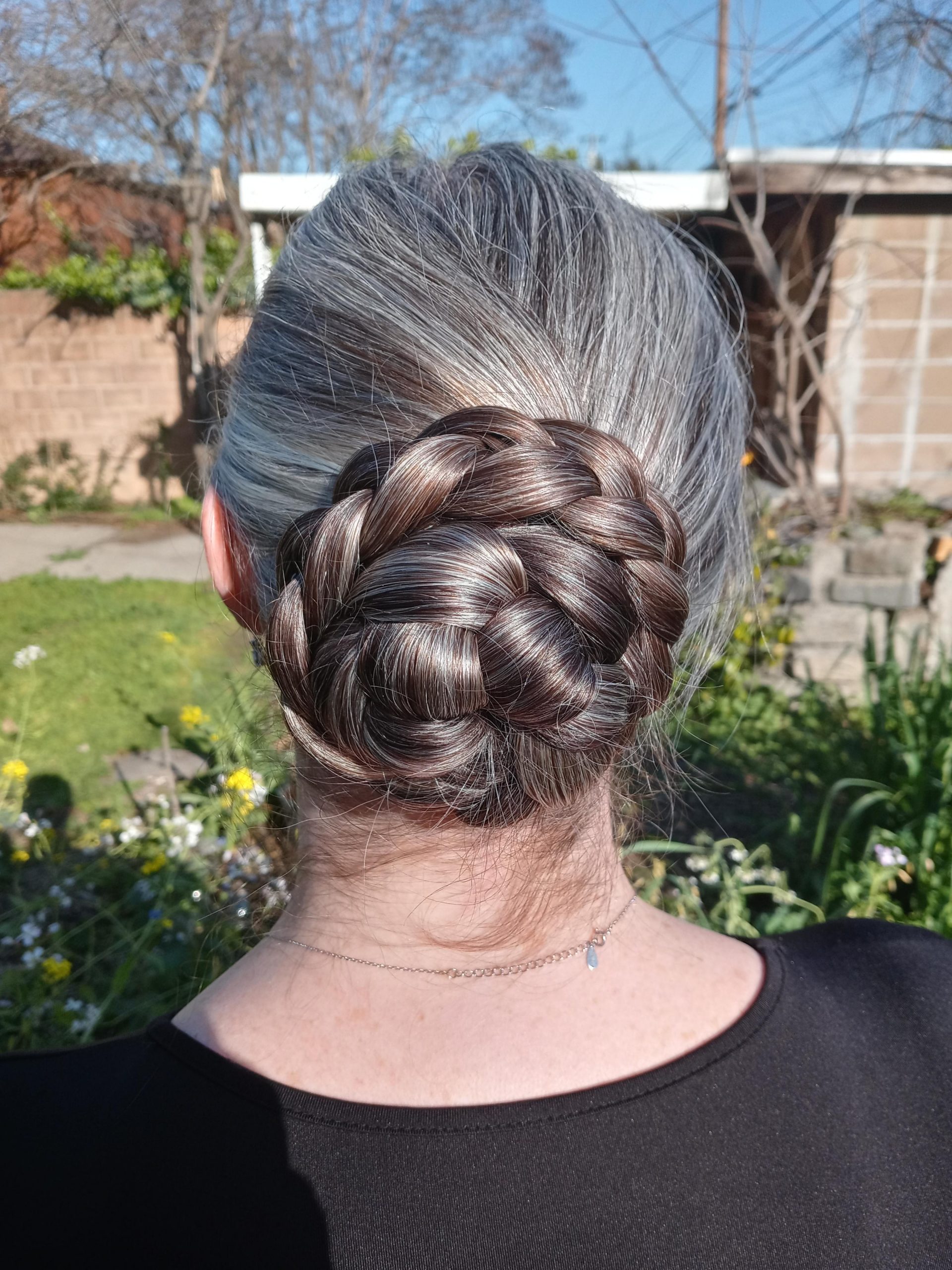 Long Layers Grey and Dark Brown Braided Bun Long Layers Grey and Dark Brown Braided Bun — Braided Bun 2027