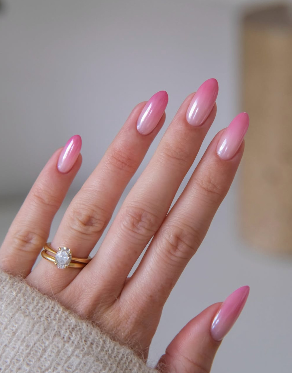 One Hand Pearlescent Pink to Clear Ombre Almonds One Hand Pearlescent Pink to Clear Ombre Almonds — Long Almond Pink Nails Ideas 2027
