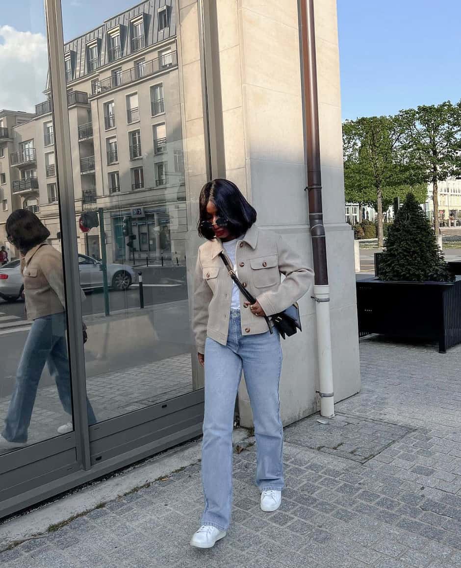 Beige Shacket and White Tee with Straight-Leg Jeans — Shacket Outfits 2027