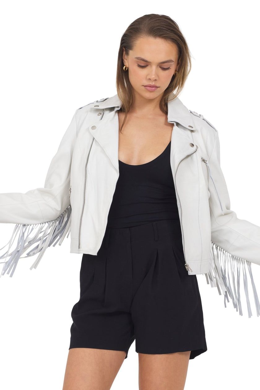 Moto Chic: White Leather Fringe Jacket with Black Shorts Moto Chic: White Leather Fringe Jacket with Black Shorts — Fringe Jacket Outfits 2027