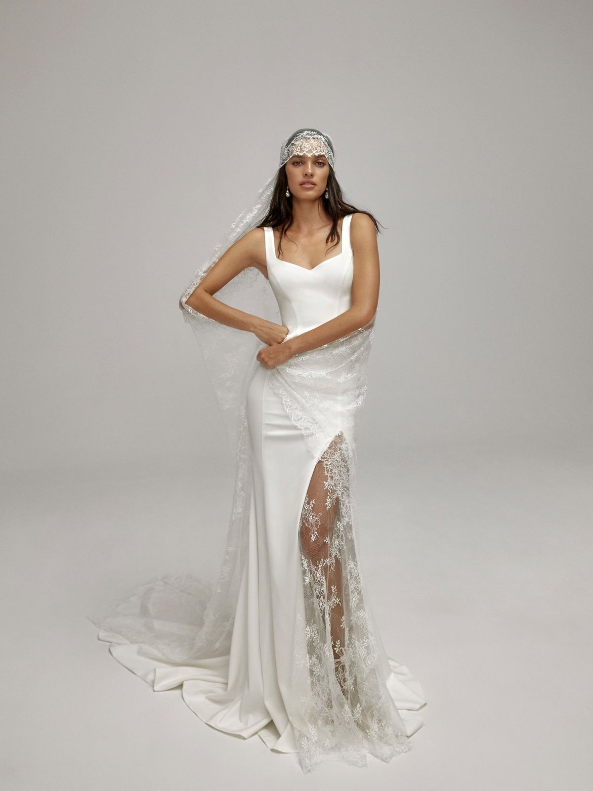 White Satin Sheath Wedding Dress with Deep Square Neckline and High Slit White Satin Sheath Wedding Dress with Deep Square Neckline and High Slit — Square Neck Wedding Dresses 2027