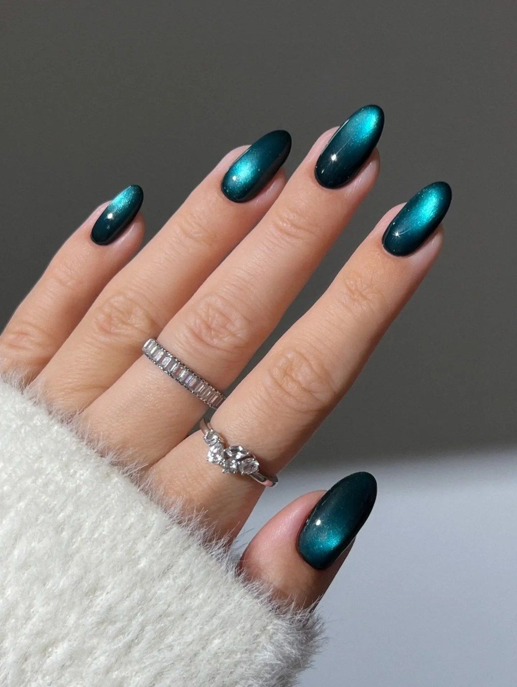 Shimmering Cat Eye Deep Teal Almond Nails — Teal Nails 2027