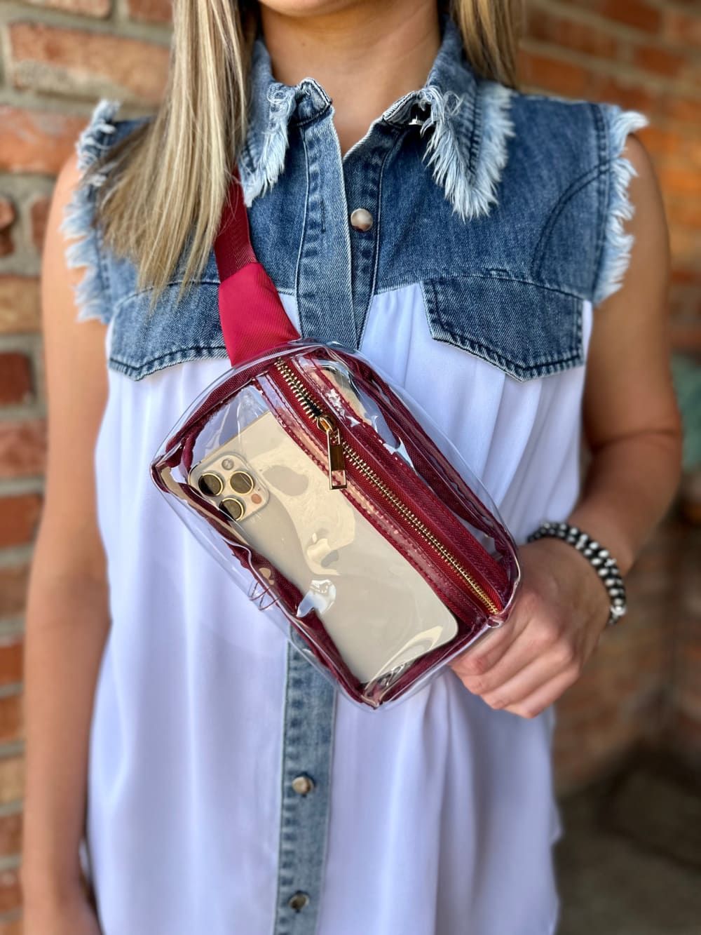Denim Vest and White Top with a Burgundy Clear Belt Bag — Clear Bag Outfits 2027