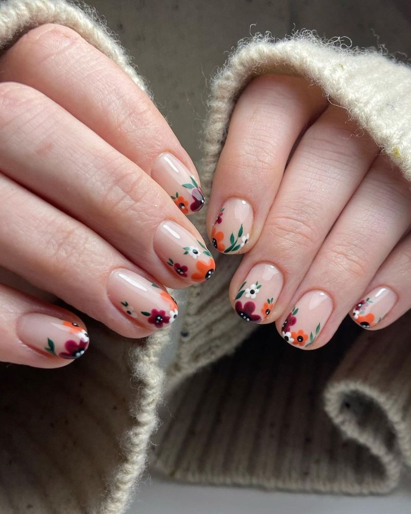 Nude Almond with Floral Leaf Accents Nude Almond with Floral Leaf Accents — Short Fall Nails 2026