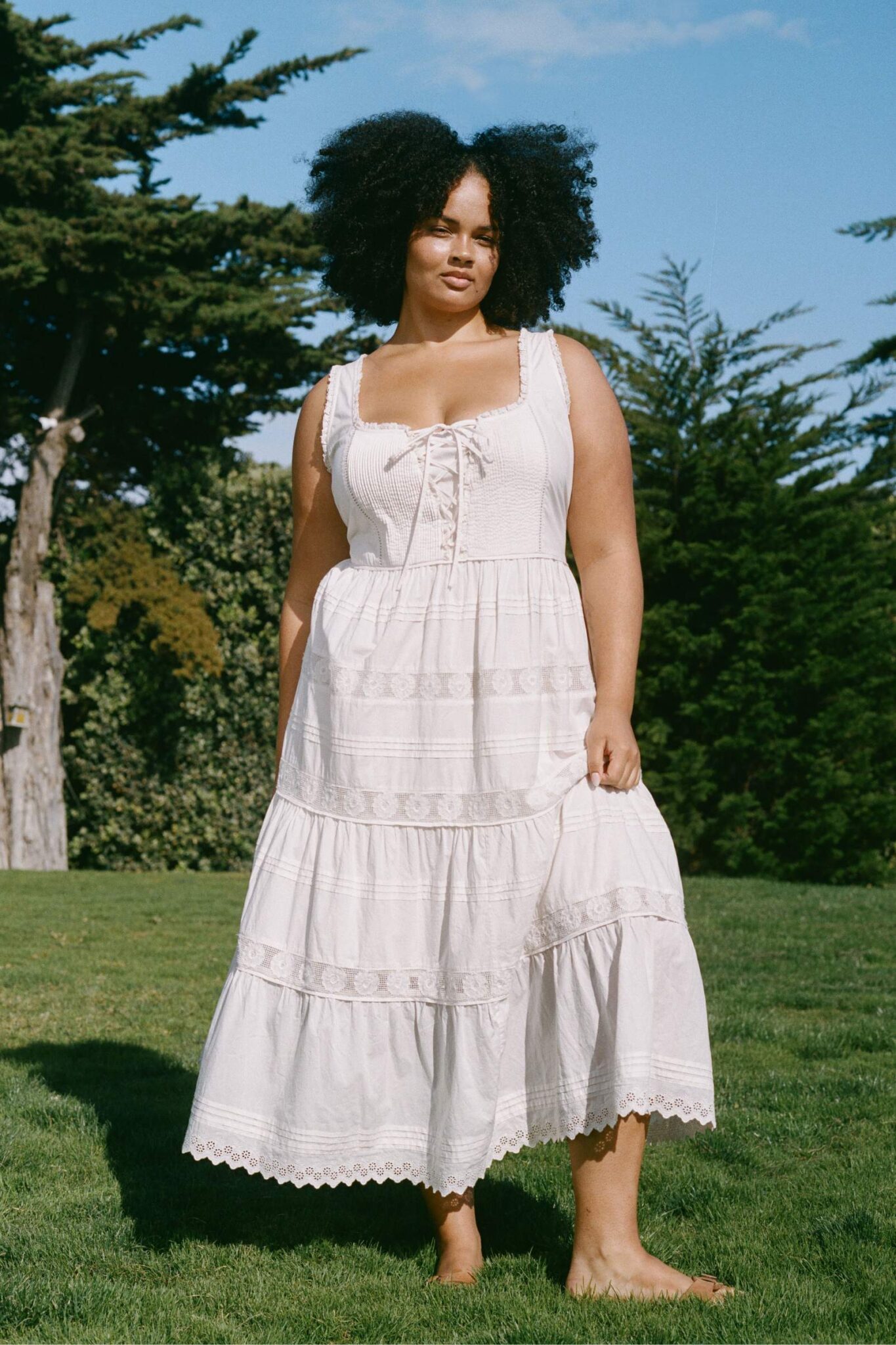 Off-White Tiered Cotton Maxi Dress with Lace — Curvy Outfits 2027