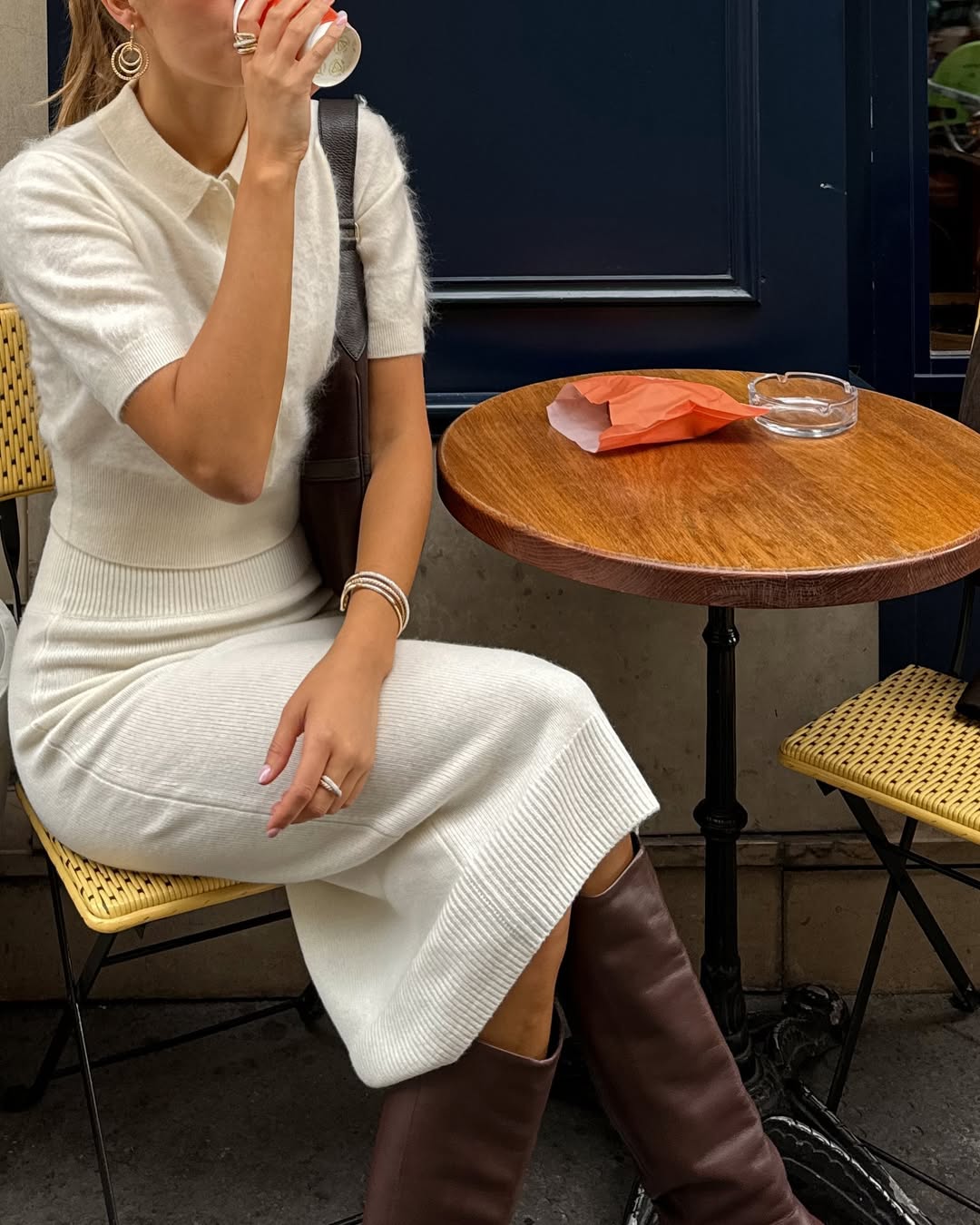 Textured Knit Polo Top and Skirt Set in White and Brown Textured Knit Polo Top and Skirt Set in White and Brown — Polo Dress 2027
