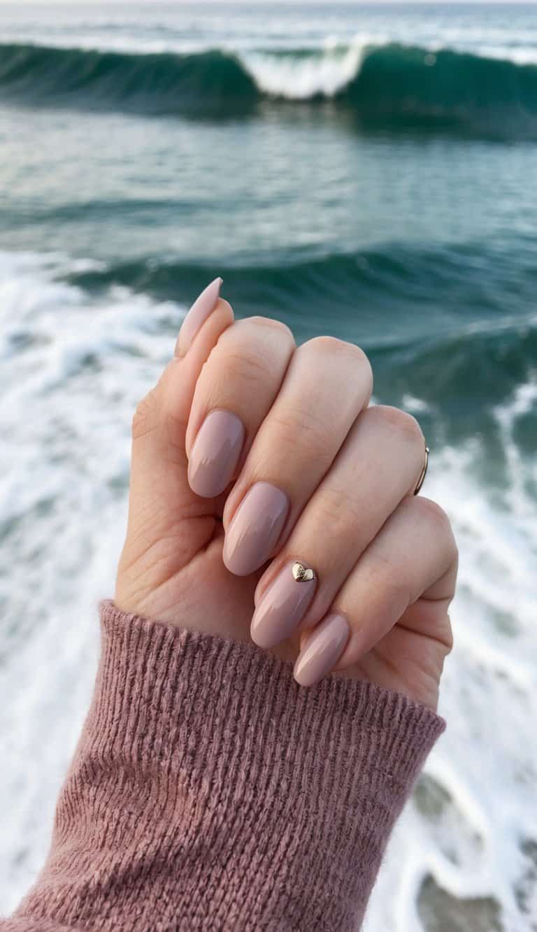 Gold Heart Charm Muted Mauve Almond Nails Gold Heart Charm Muted Mauve Almond Nails — Mauve Nails 2027