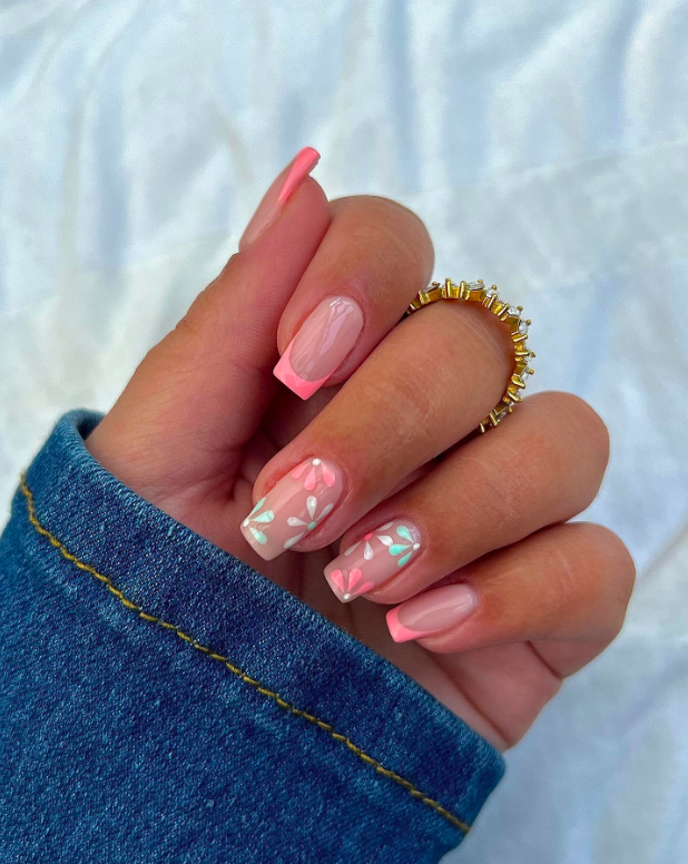 Coral French Floral Short Square Nails Coral French Floral Short Square Nails — Spring Acrylic Nails 2027