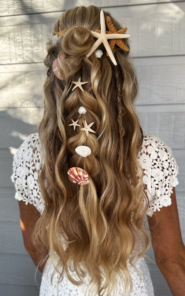 Honey Blonde Bubble Braid With Beach Decor — Beach Wedding Hair 2027