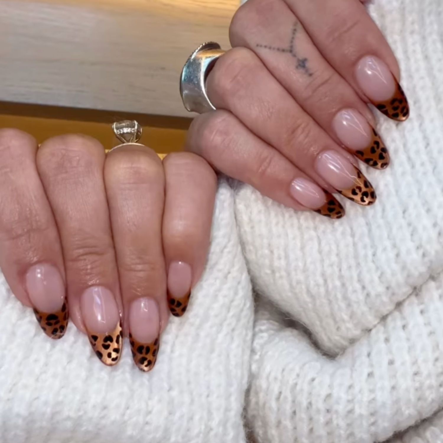 Leopard Print Copper French Almond Leopard Print Copper French Almond — Fall French Tip Nails 2026