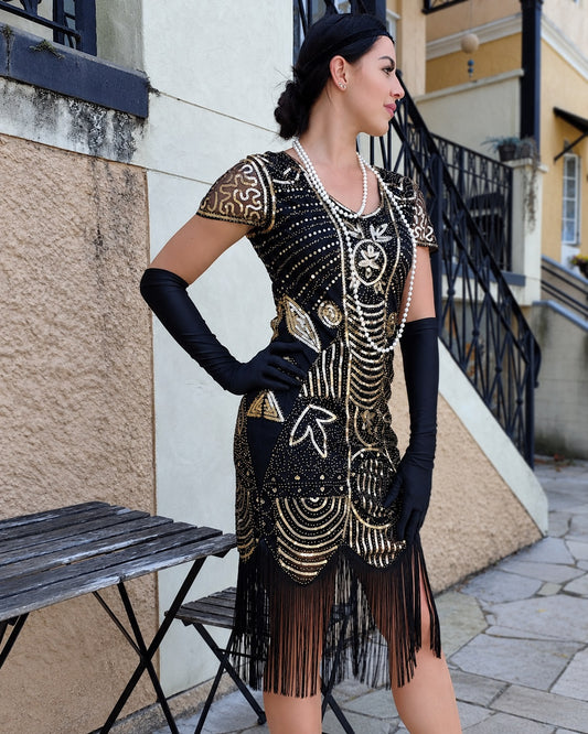 Black and Gold Beaded Flapper Dress with Elbow-Length Gloves — Gatsby Outfits 2027