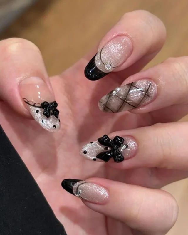 Short Square Pink Polka Dot Black Bows — Black Bow Nails 2027