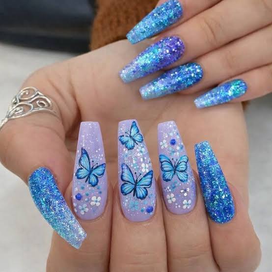 Lavender Glitter Butterfly Nails Lavender Glitter Butterfly Nails — Long Butterfly Coffin Nails 2027