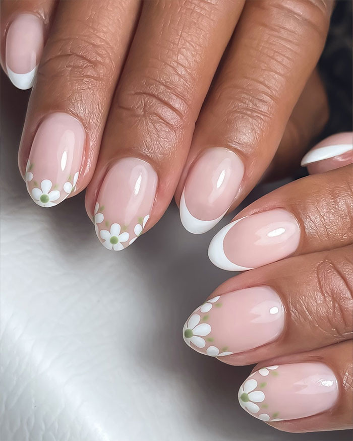 White Micro French with Daisy Art White Micro French with Daisy Art — Short Micro French Tip Nails 2027