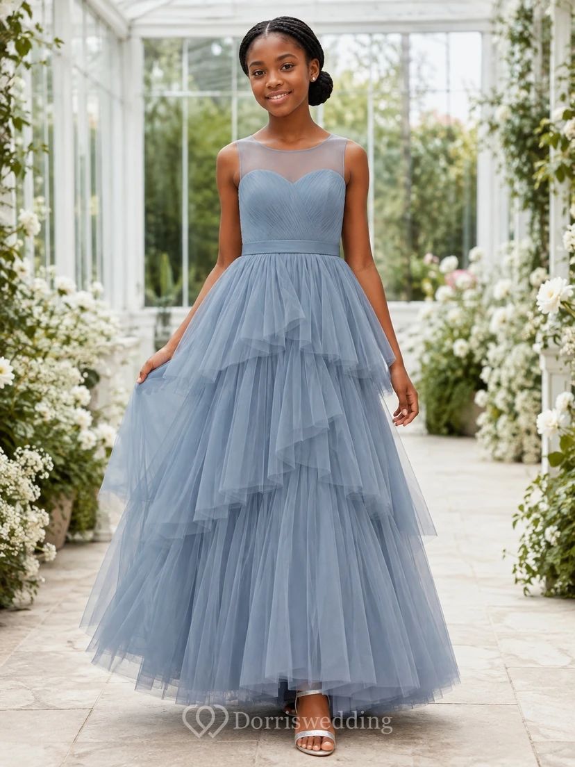 Romantic Slate Blue Tiered Tulle for a Dreamy Wedding Romantic Slate Blue Tiered Tulle for a Dreamy Wedding — Junior Bridesmaid Dress 2027