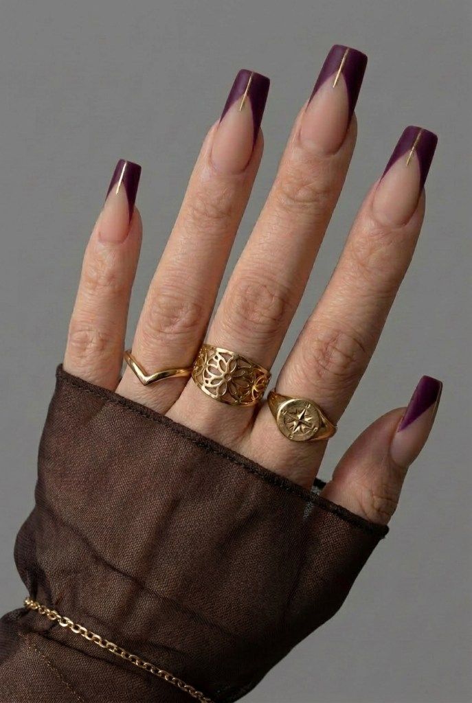 Matte Plum V-Tip French with Gold Outline Matte Plum V-Tip French with Gold Outline — Plum Nails 2027