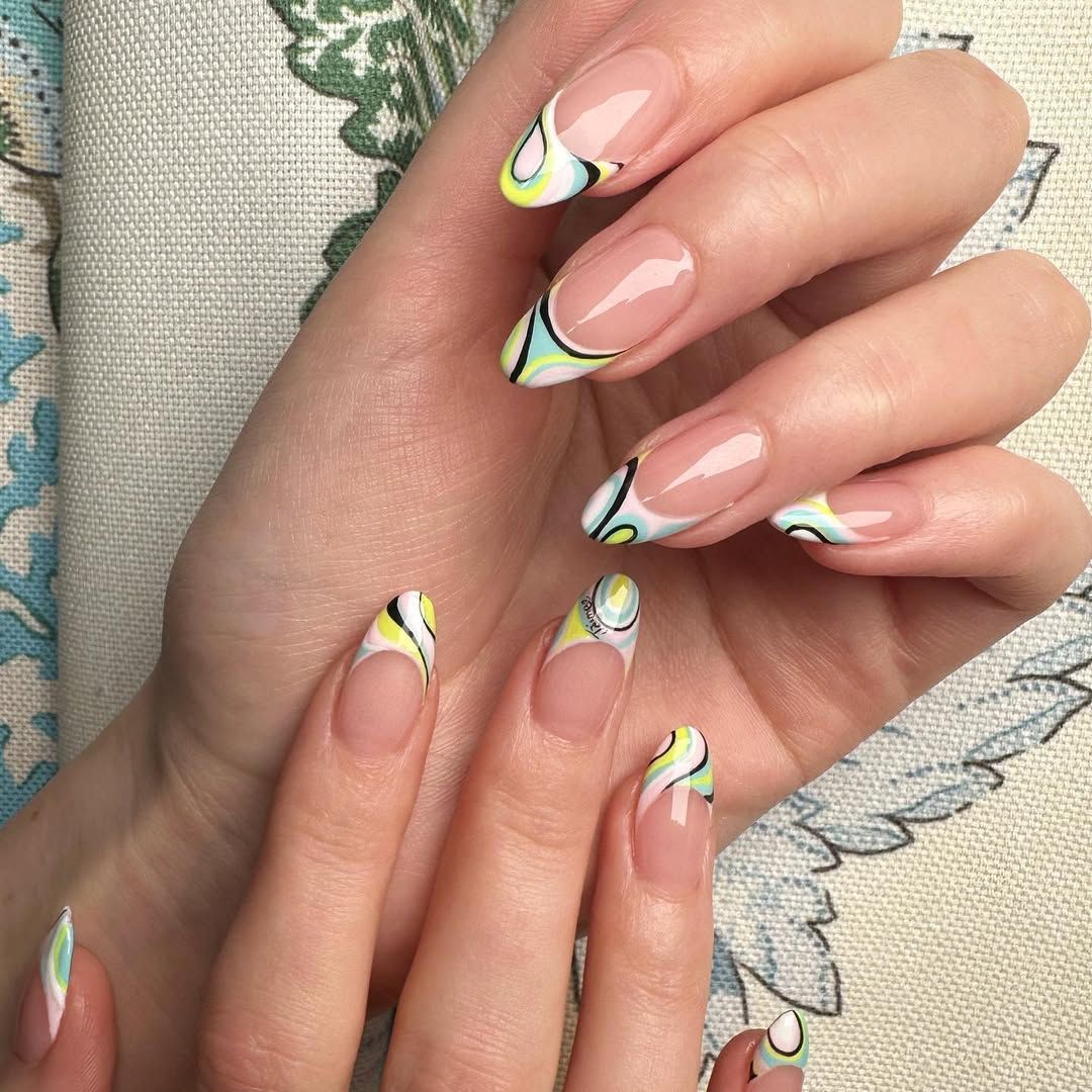 Long Oval Abstract Swirl French Tips Long Oval Abstract Swirl French Tips — Long Spring Nails 2027