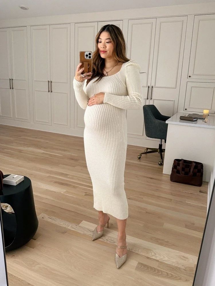Cream Ribbed Knit Midi Dress with Puff Shoulders Cream Ribbed Knit Midi Dress with Puff Shoulders — Baby Shower Dress 2027 for Guest