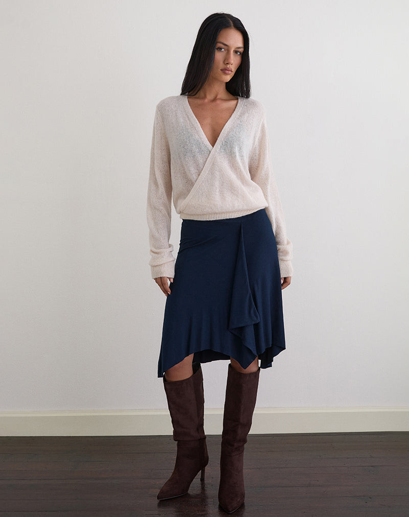 Asymmetrical Ruffled Midi Skirt with Wrap Sweater and Knee-High Boots Asymmetrical Ruffled Midi Skirt with Wrap Sweater and Knee-High Boots — Navy Blue Midi Skirt Outfits 2027